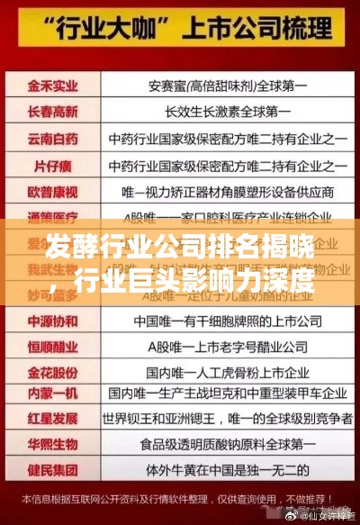 發(fā)酵行業(yè)公司排名揭曉，行業(yè)巨頭影響力深度解析