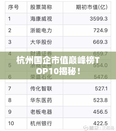 杭州國企市值巔峰榜TOP10揭秘！